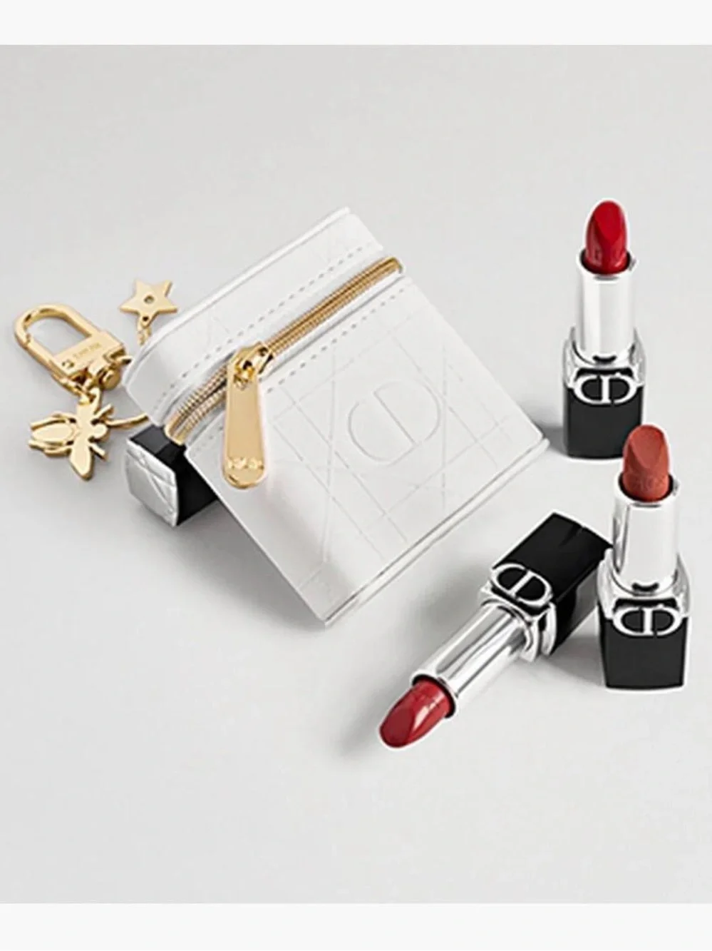 Dior Beauty White Cannage Quilted Case Bag Charm with Lipstick Trio: 999 720 100